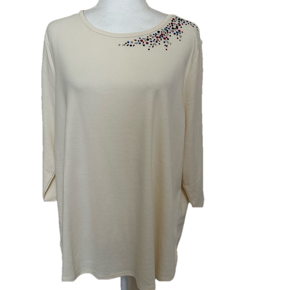 Quaker Factory Embellished Cream Women's Top 3/4 Sleeves